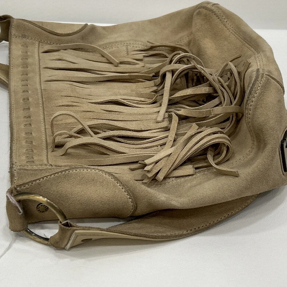 Guess Leather Suede Beige Tan Y2K‎ Hobo Shoulder Fringe Top Zip HandBag Purse